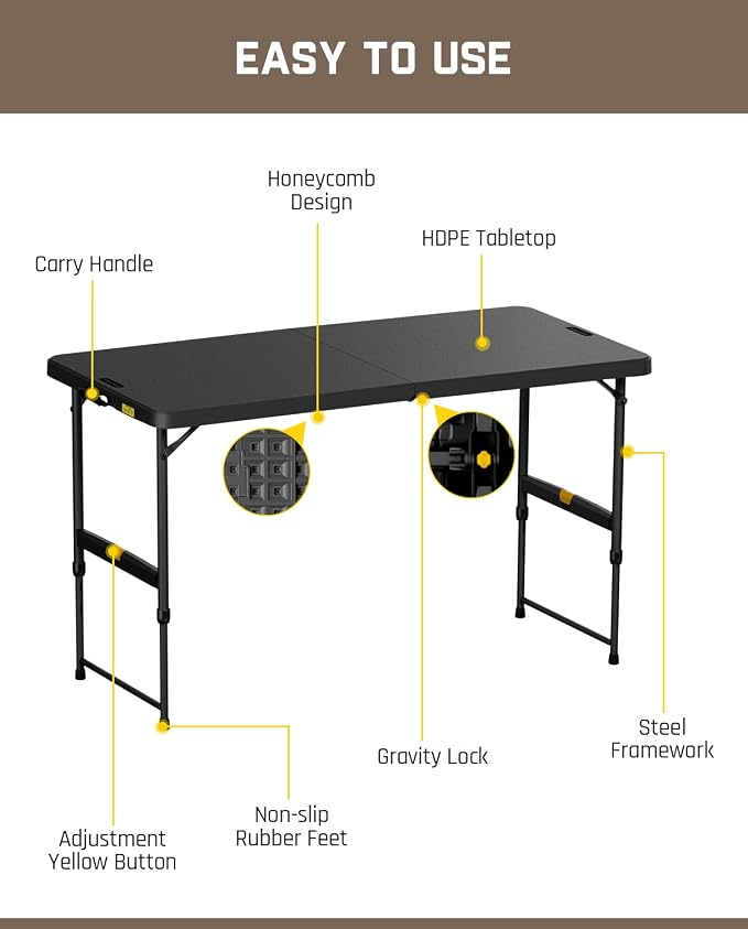 FanttikOutdoor 4ft Portable Folding Table, One-Handed Height Adjustment - Image 7