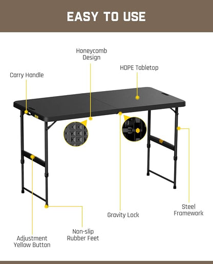 FanttikOutdoor 4ft Portable Folding Table, One-Handed Height Adjustment - Image 7