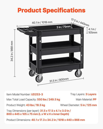 VEVOR Utility Cart, 3-Tier Plastic Service Cart - Image 7