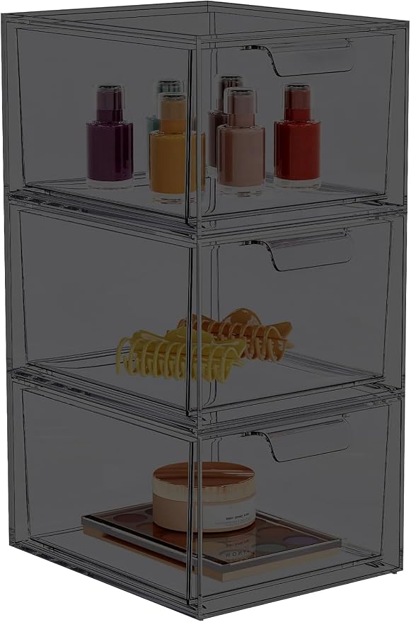 3 Pack Stackable Acrylic Makeup Organizer, Smoke Black Storage Drawers | Clear by SpaceHacks