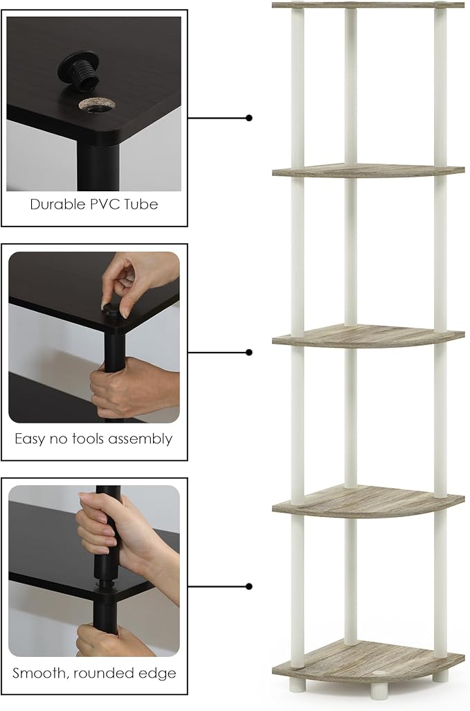 Furinno TURN-N-TUBE Corner Shelf, 5-Tier Corner Bookshelf, Open Storage Shelves - Image 7
