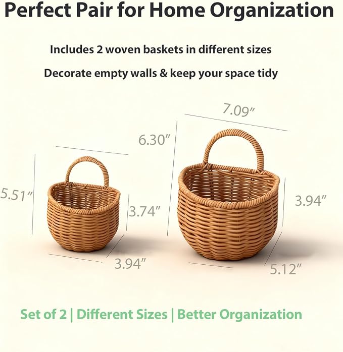 2 Pack Wall Hanging Rattan Baskets, Hand-Woven Storage Basket, Small Wall - Image 6