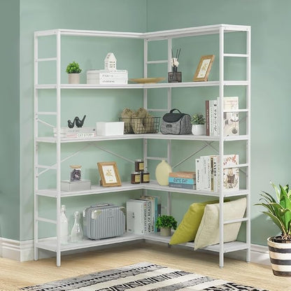 CAPHAUS L-Shaped Bookshelf, 5 Tier Industrial Corner Bookcase, Tall Corner Shelf by CAPHAUS