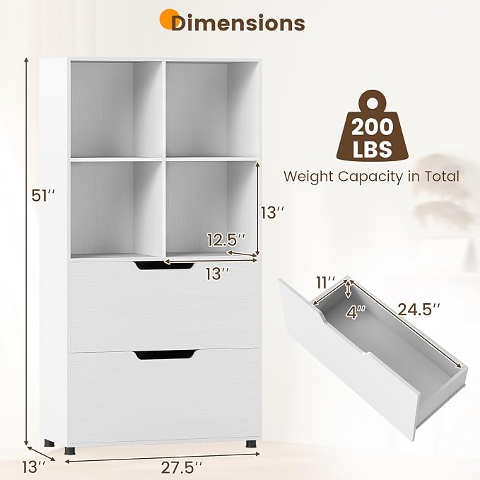 GOFLAME 4-Tier Bookcase with 2 Drawers, 51” Tall Bookshelf with 4-Cube Open - Image 3