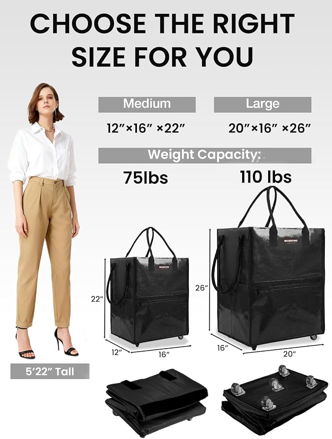 WORKPRO Medium Reusable Grocery Bag on Wheels, Heavy Duty Rolling Shopping Tote - Image 2
