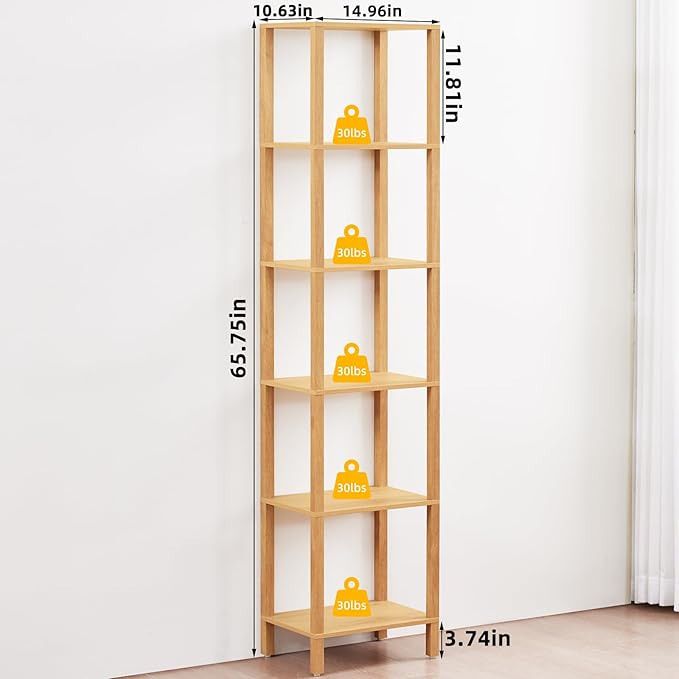 YUFAM 6 Tier Tall Skinny Bookshelf, Narrow Bookcase, Wooden Shelf, Natural | - Image 2