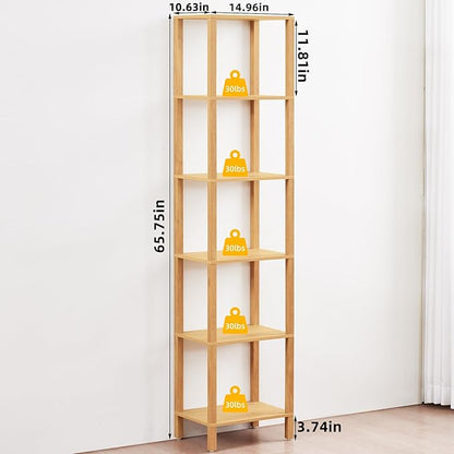 YUFAM 6 Tier Tall Skinny Bookshelf, Narrow Bookcase, Wooden Shelf, Natural | - Image 2