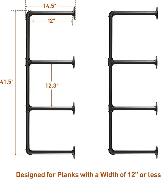 HITOMEN Industrial Iron Pipe Shelves, 2 Set 4-Tier 41.5" Tall 12" Depth - Image 3