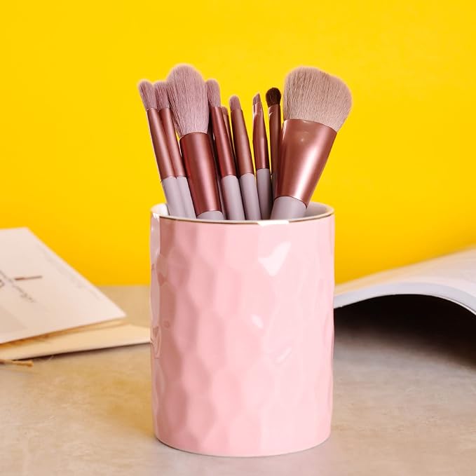 WHJY Ceramic Pink Pencil Cup, Makeup brushes Holder, Modern Geometry Design Pen - Image 4