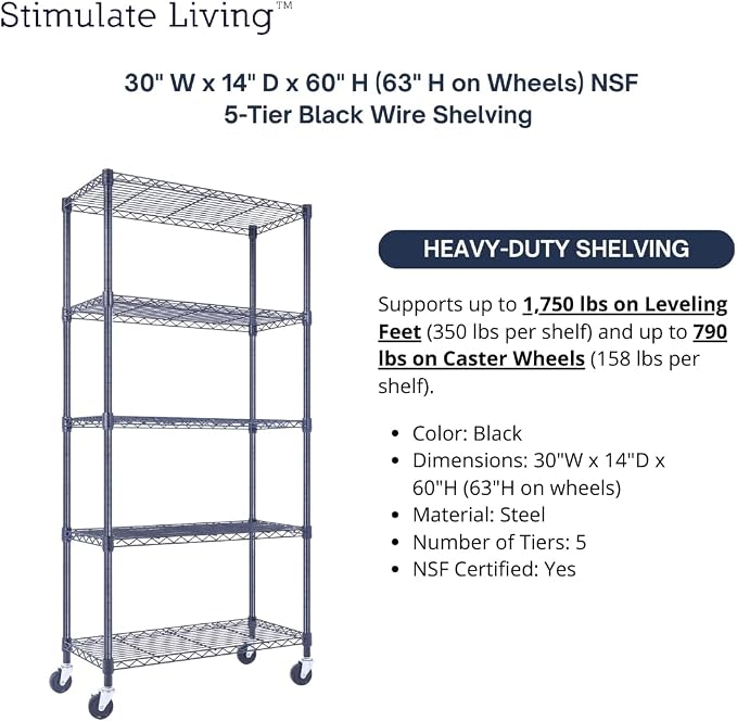 30"x14"x60" PRIME HEAVY DUTY Black 5-Tier Wire Shelving 1, 750 LBS MAX Capacity - Image 4