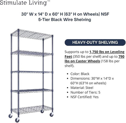 30"x14"x60" PRIME HEAVY DUTY Black 5-Tier Wire Shelving 1, 750 LBS MAX Capacity - Image 4