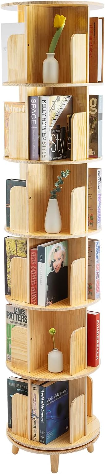 Rotating Bookshelf, 6-Tier Pine Wood Bookcase, Freestanding Bookcase Books by fagauhds