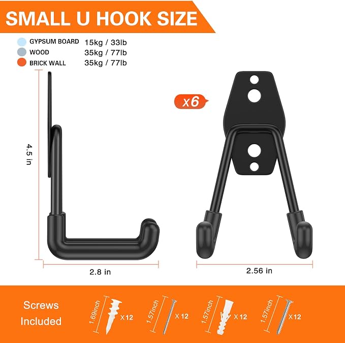 Heavy Duty Garage Hooks 6 Pack, 2.8 inch Small U Shaped Hanger, Wall Mounted - Image 2
