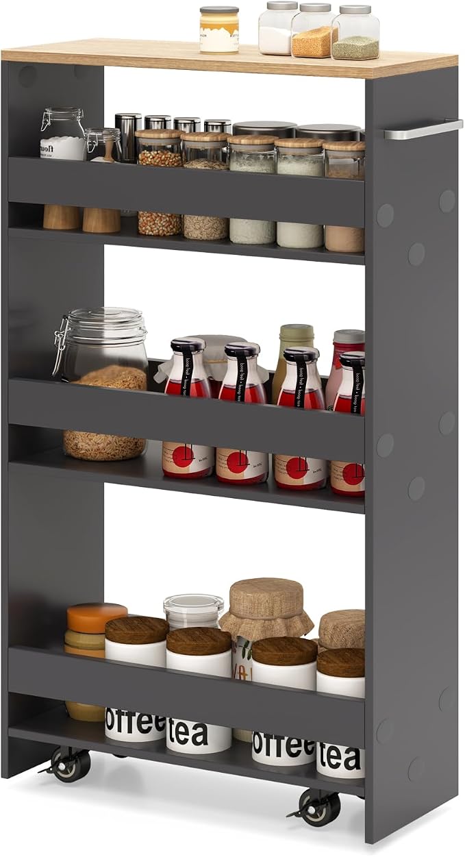 Slim Rolling Storage Cart, 4 Tier Narrow Kitchen Cart by SILKYDRY