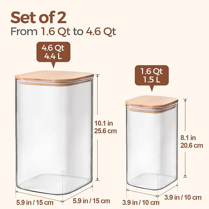 ComSaf Glass Pantry Storage Containers, 4.6Qt/1.6Qt Large Square Flour and - Image 2