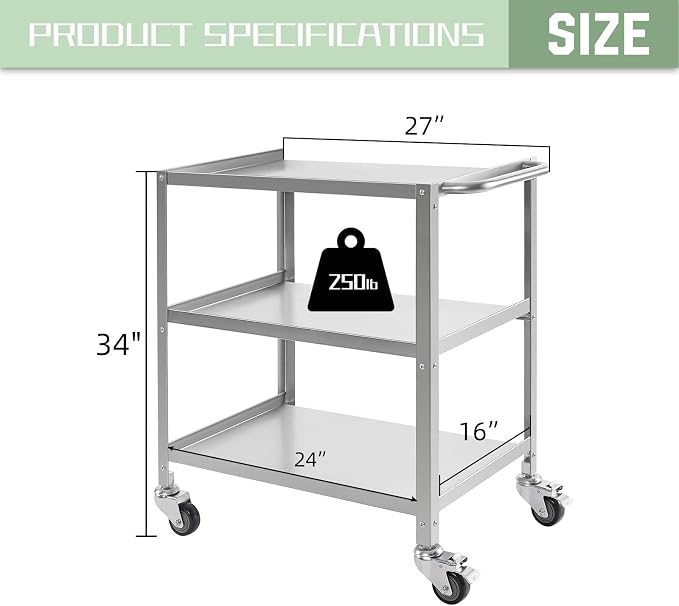 Hally Stainless Steel Utility Cart 3 Tier NSF Commercial Heavy Duty Metal - Image 2