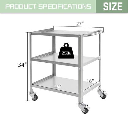 Hally Stainless Steel Utility Cart 3 Tier NSF Commercial Heavy Duty Metal - Image 2