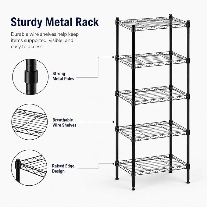 5 Tier Storage Shelves, Metal Wire Shelving Unit, Heavy Duty Adjustable Shelf - Image 6