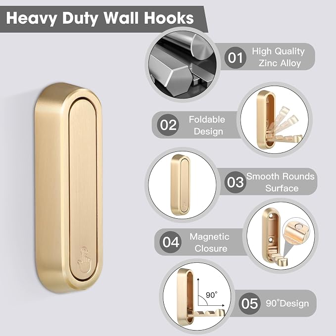 Foldable Wall Hook, 4 Pack, Screw Mounted, Heavy Duty Coat Hooks | 90° Foldable - Image 3