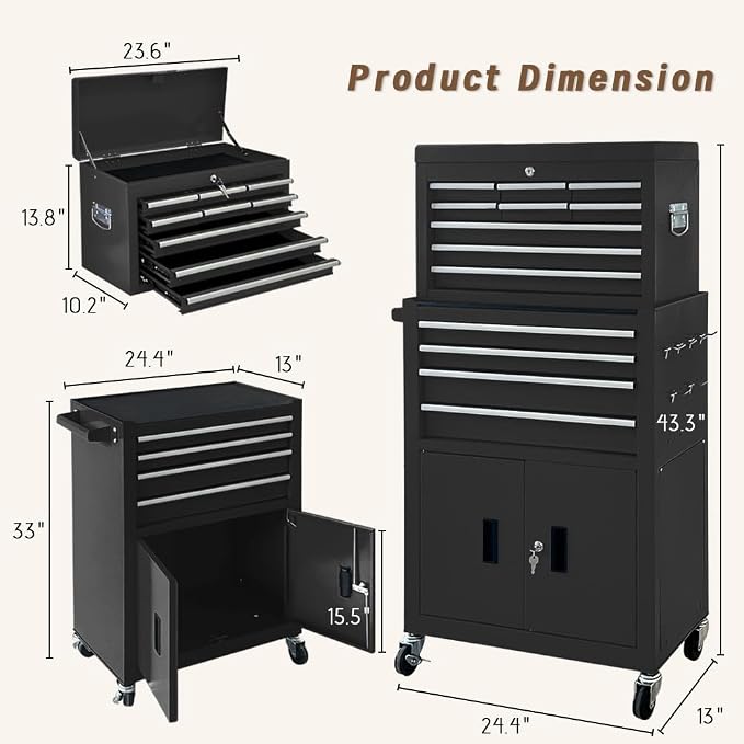 13-Drawer Double Doors Handle Rolling Tool Chest, 2 in 1 Detachable Rolling - Image 3