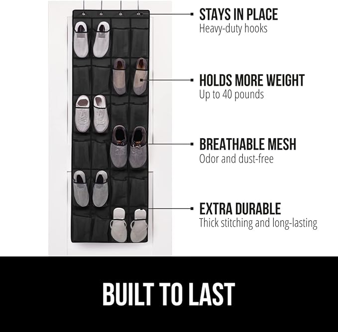 GORILLA GRIP Over the Door Shoe Organizer, 2 Pack, 24 Breathable Mesh Pockets - Image 2