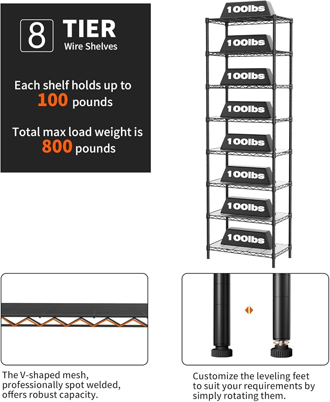 SINGAYE 8 Tier Shelf Organizer Storage Metal Shelves Garage Wire Shelving Unit - Image 5