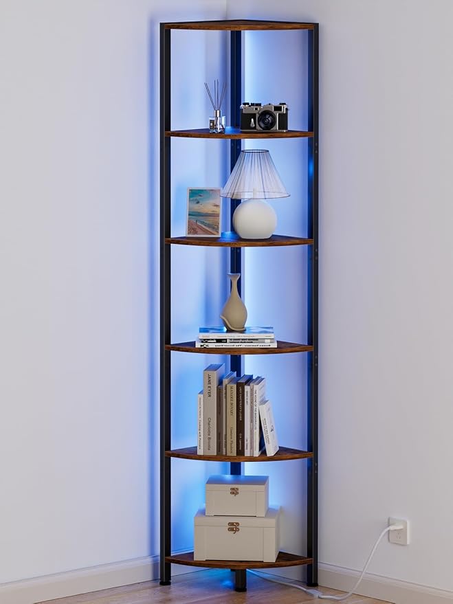 6 Tier Corner Shelf with LED Light, 67.5" Corner Narrow Bookshelf | Tall by Furnulem
