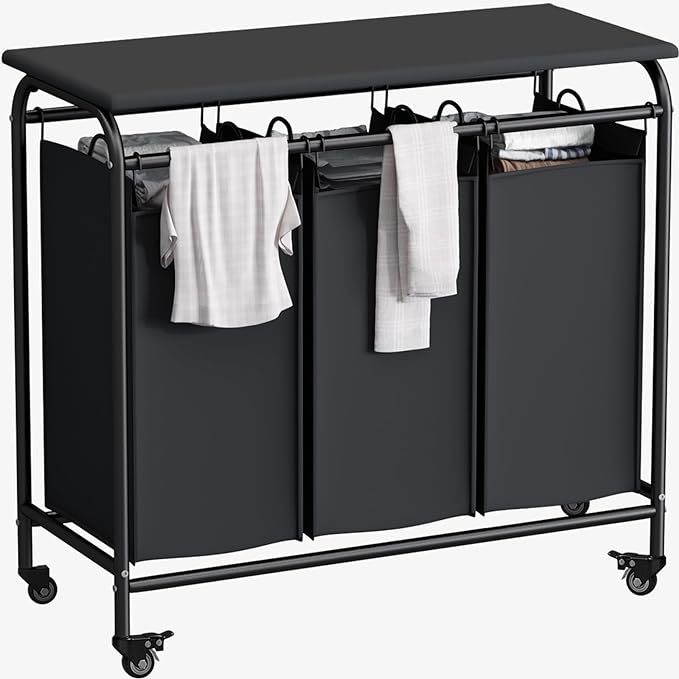 LINZINAR 3 Bag Laundry Basket Sorter Heavy Duty Rolling Lockable Wheels Laundry by LINZINAR