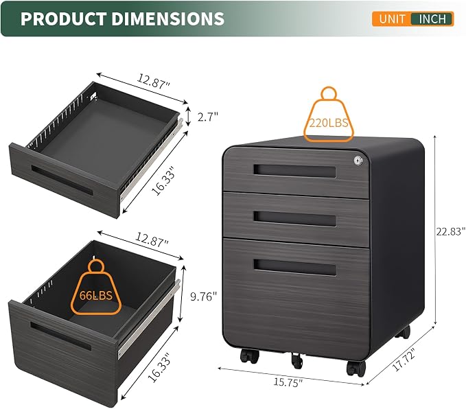 3 Drawer Mobile File Cabinet Under Desk - Image 2