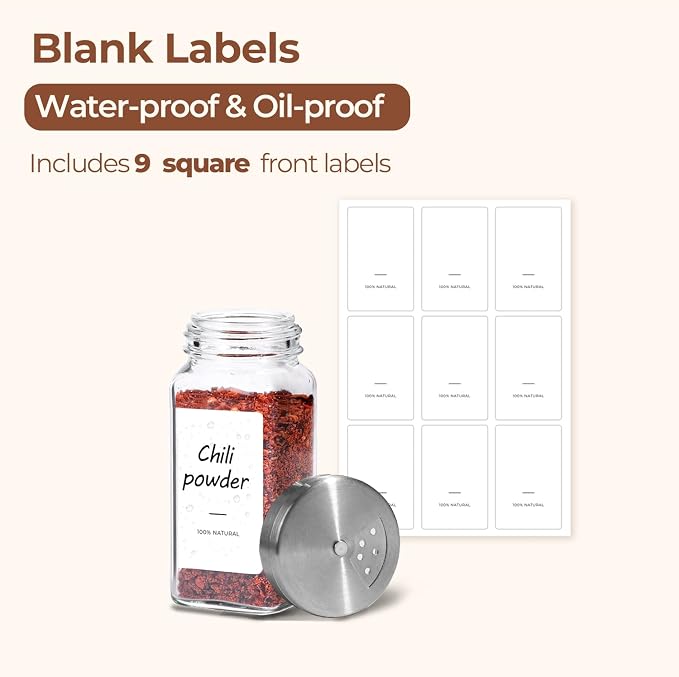 ComSaf Glass Spice Jars with Shaker Lids 4 oz 6 Pack Square | Labels, Seasoning - Image 5