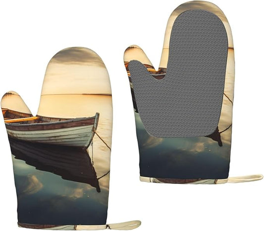 Small Boat on The Water Print Oven Mitts Set of 2, Heat Resistant Silicone Oven by Unknown