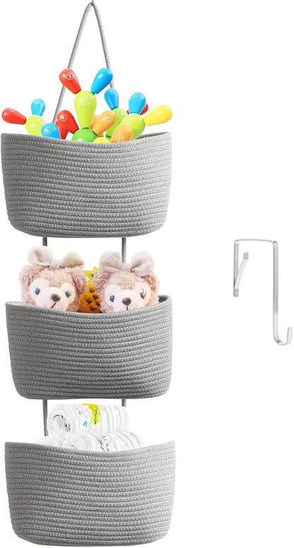 TeoKJ Over the Door Hanging Basket, 3-Tier Woven Cotton Wall-Mounted Storage by TeoKJ