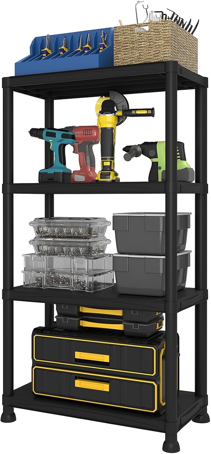 Plastic Storage Shelves, 4-Tier Shelving Unit, Storage Rack, 264 lbs, Garage & by Unknown