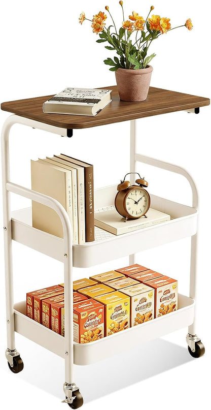3 Tier Rolling Cart with Walnut Table Top, Sturdy Metal Storage Cart with by BEABOY