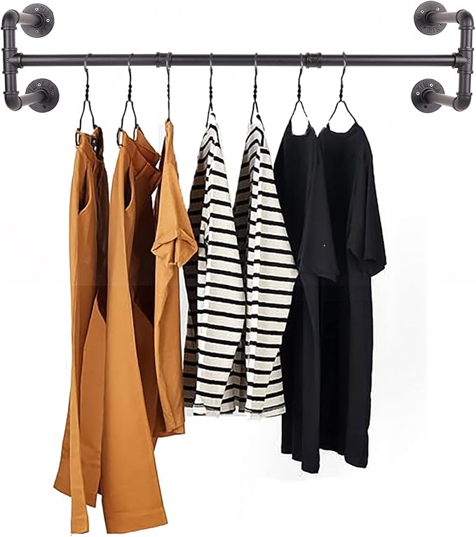 54” Wall Mounted Clothes Rack, Industrial Pipe Black Iron Garment Bar, - Image 9