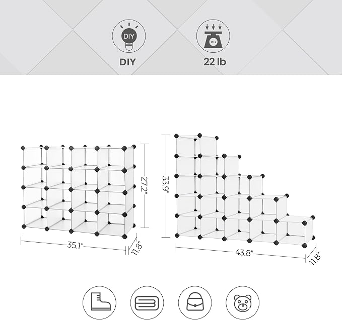SONGMICS Shoe Rack with 16 Cubes, Interlocking Plastic Shoe Organizer, DIY - Image 3