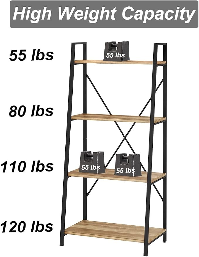 BON AUGURE Farmhouse Ladder Shelf Bookcase, 4 Tier Rustic Ladder Bookshelf - Image 6