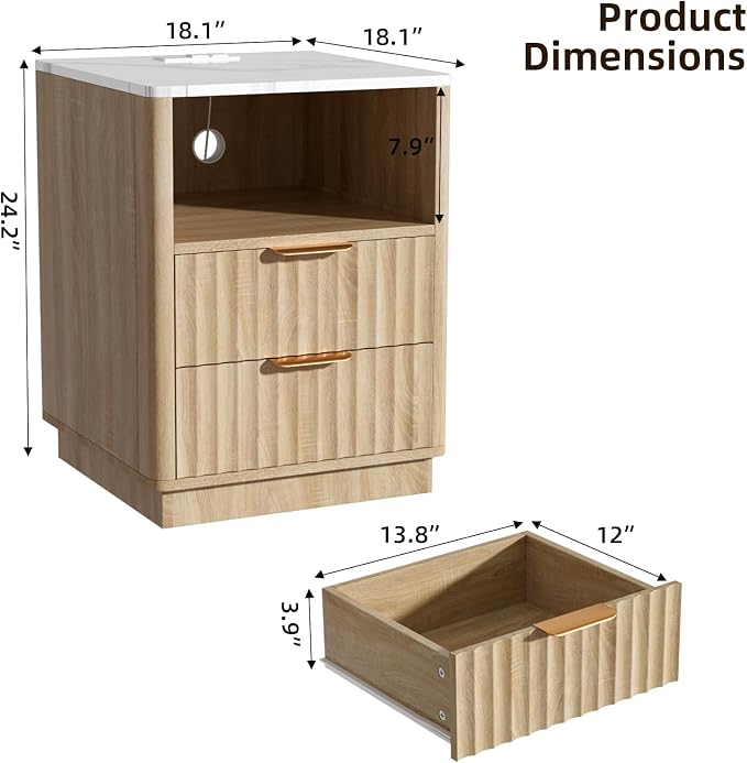 VOWNER Fluted Nightstand with Charging Station, 18” Night Stand with 2 Drawers - Image 2
