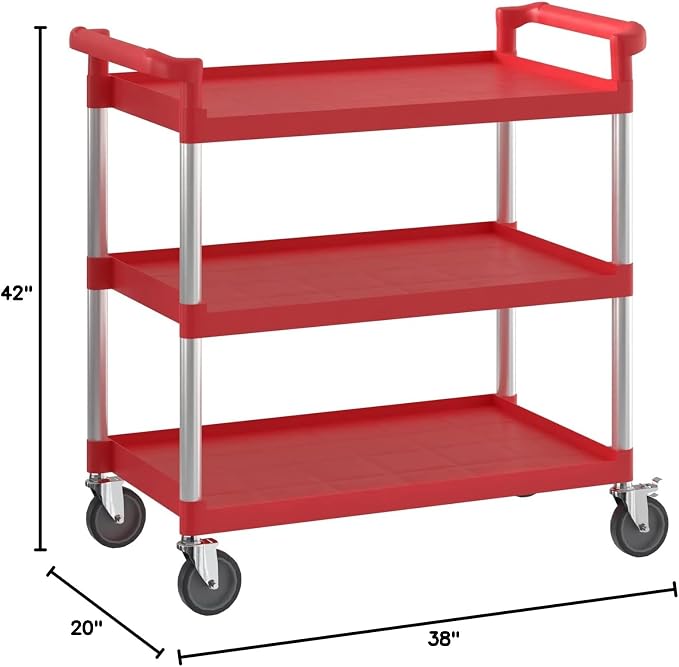 Red Utility/Bussing Cart with Three Shelves - Image 3