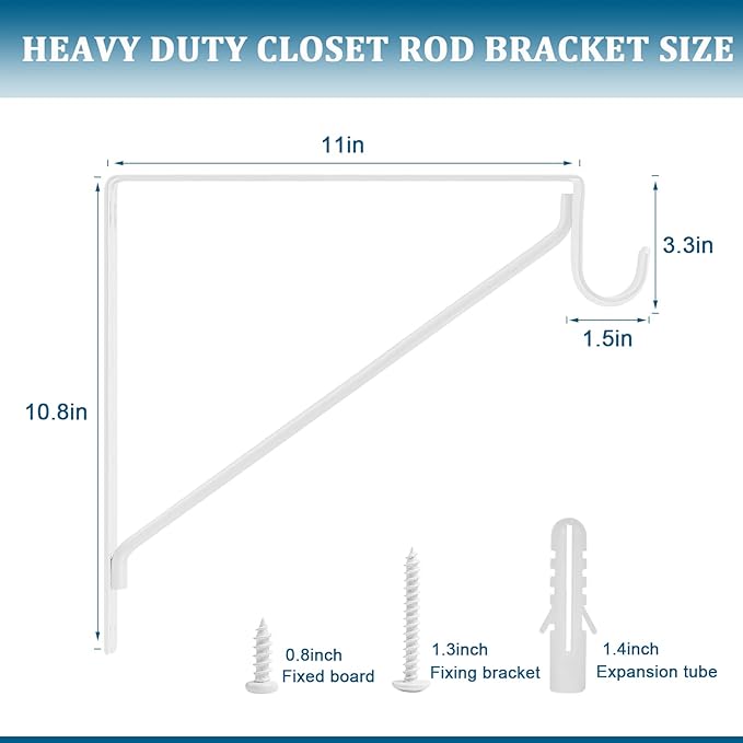 4PCS Heavy Duty White Closet Rod Brackets 11 x 11 Inch, 1-3/8Inch Diameter - Image 2