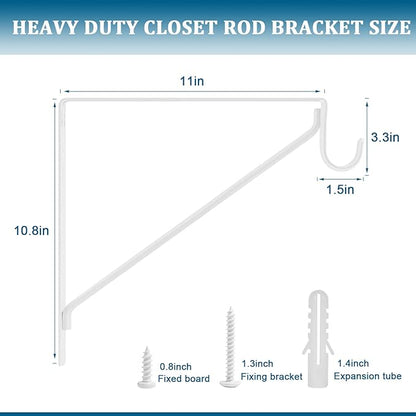4PCS Heavy Duty White Closet Rod Brackets 11 x 11 Inch, 1-3/8Inch Diameter - Image 2