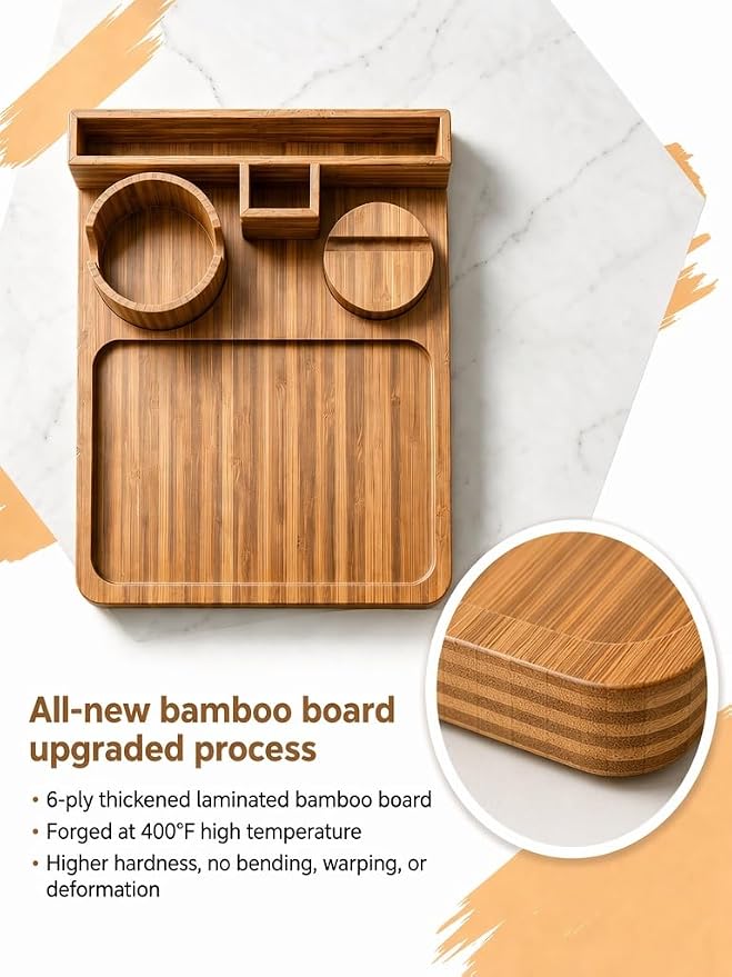 Bamboo Couch Arm Tray, with Cup Holder Phone Stand&Non-Slip | 100% side-pressed - Image 3