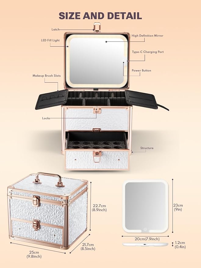 Qislee Makeup Box with Drawer and A Detachable Lighted Mirror, Waterproof - Image 3