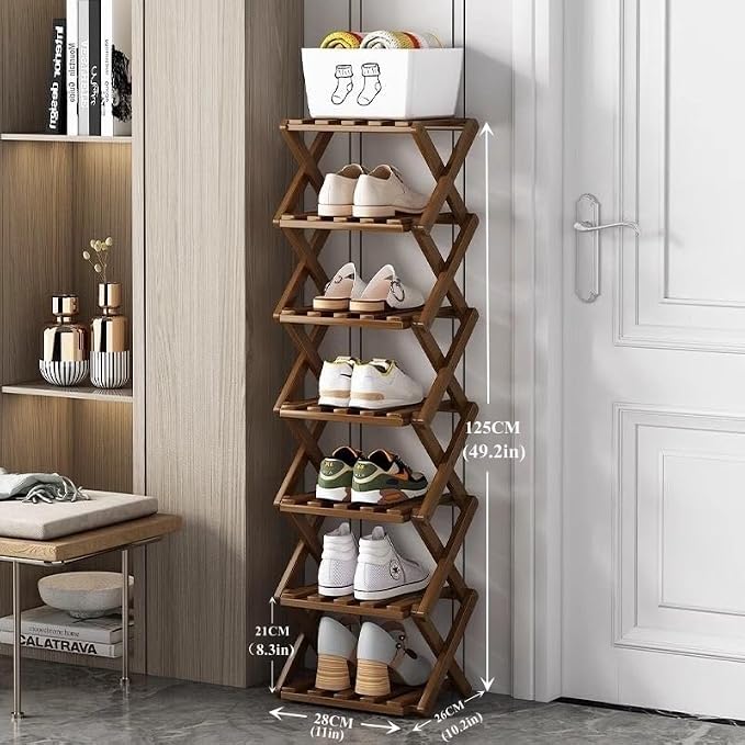 7 Tier Foldable Shoe Rack, Bamboo Vertical Shoe Organizer Tall - Image 2