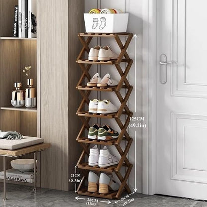 7 Tier Foldable Shoe Rack, Bamboo Vertical Shoe Organizer Tall - Image 2
