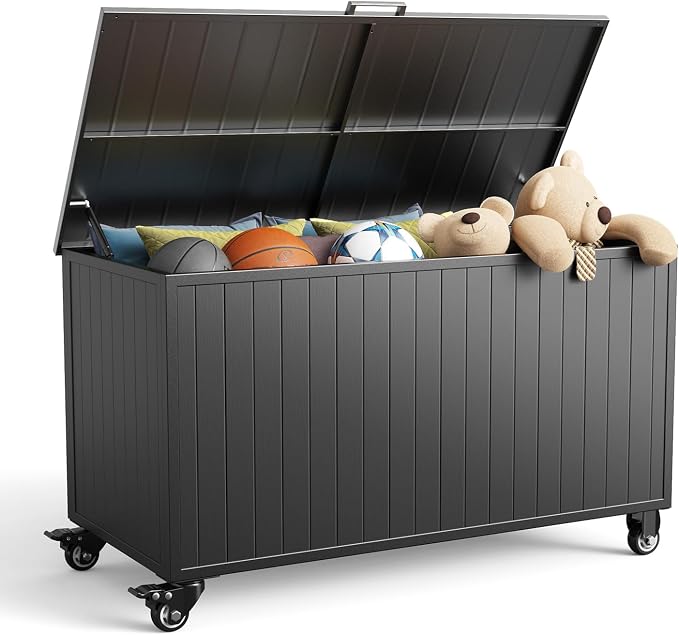 Outdoor Storage Box with Wheels 150 Gallon, Metal Deck Boxes Waterproof by RICNOD