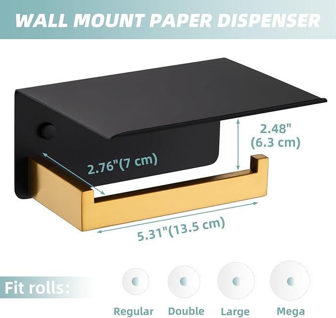 Toilet Paper Holder with Phone Shelf Black & Gold, APLusee 304 Stainless Steel - Image 8