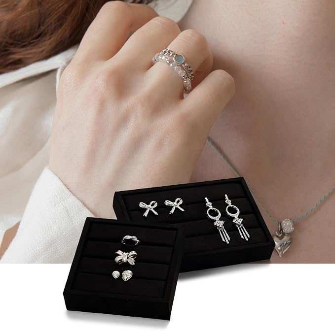 Oirlv 3 Slots Velvet Small Ring Organizer Earrings Trays Showcase Display - Image 2