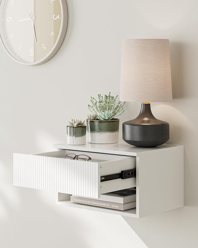 Modern Small Nightstand with Drawer, Floating Shelves - Image 4