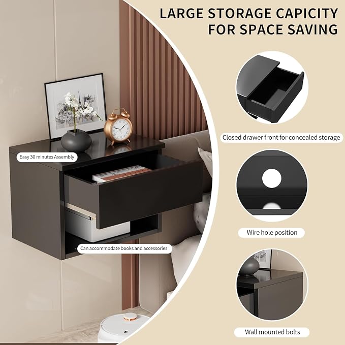 Floating Nightstand, Modern Wall Mounted Bedside Table - Image 3